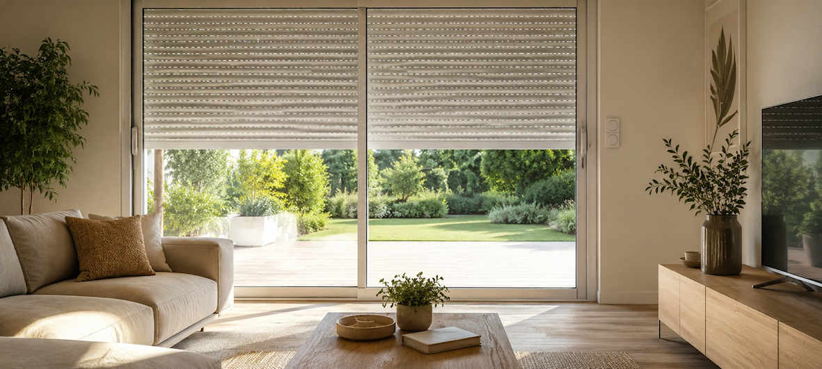 Volet roulant solaire blanc ajouré à moitié baissé vu depuis l'intérieur d'un salon